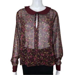 W118 by Walter Baker Women’s Red Print Sheer Long Sleeve Button Back Top Size M